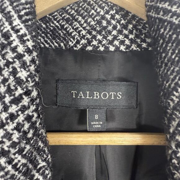 Talbots overcoat women’s size 8 wool tweed black white button collar - Picture 2 of 6